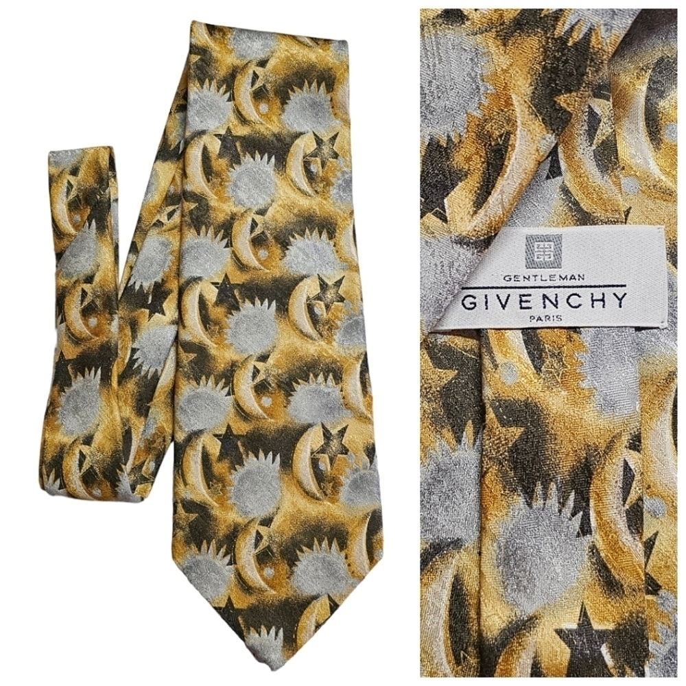 GIVENCHY Gentleman Paris 100% Silk Sun Moon Stars Print Neck Tie Celestial